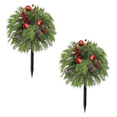"Amorly 2 Pack 22"" Christmas Urn Fillers With Red Ornaments Norfolk Pine Greenery, Uv-Resistant Pointed Stakes For Porch Planters" - image 1