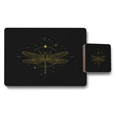 Benjamin Tate Design Gold Foil Dragonfly Placemat And Coaster Set Black With Wood Base Limited Edition Artisanal Luxury - image 1