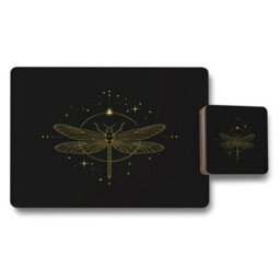 Benjamin Tate Design Gold Foil Dragonfly Placemat And Coaster Set Black With Wood Base Limited Edition Artisanal Luxury - thumbnail 1