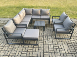Fimous 9 Seater Outdoor Aluminium Garden Furniture Set Corner Lounge Sofa Set With Square Coffee Table Chair - thumbnail 2