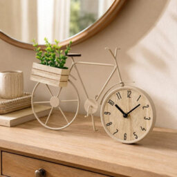 Bicycle Table Clock Ornament W/ Wooden Planter & Faux Plant Desk Shelf Farmhouse - thumbnail 4