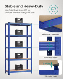 Songmics Garage Shelving, 5-Tier Storage Rack, 180 X 90 X 40 Cm Max. Load 875 Kg (175 Kg Per Tier), Shelving Unit, Adjustable Shelves, Blue - thumbnail 6