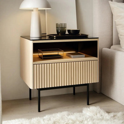 Arte Orta Cabinet 57Cm - Oak Vincenza & Black Ribbed Display Cabinet With Drawer And Led Lighting - image 1