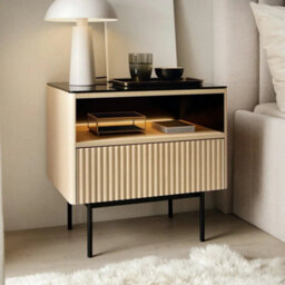 Arte Orta Cabinet 57Cm - Oak Vincenza & Black Ribbed Display Cabinet With Drawer And Led Lighting - thumbnail 1