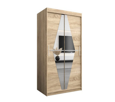 Arte Boliwia Contemporary 2 Mirrored Sliding Door Wardrobe 5 Shelves 2 Rails Sonoma Oak Effect (H)2000mm (W)1000mm (D)620mm - image 1