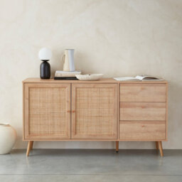 Sweeek - 150Cm Scandi-Style Wooden And Cane Effect Sideboard Natural 150X39X79 Cm - Boheme