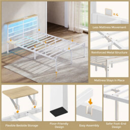 Yaheetech 135 X 190 Cm Double Metal Platform Bed Frame With Led Headboard And Charging Station, White - thumbnail 4