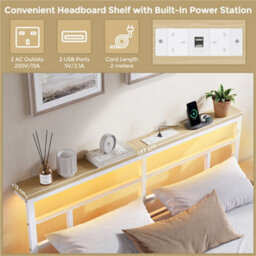 Yaheetech 135 X 190 Cm Double Metal Platform Bed Frame With Led Headboard And Charging Station, White - thumbnail 5