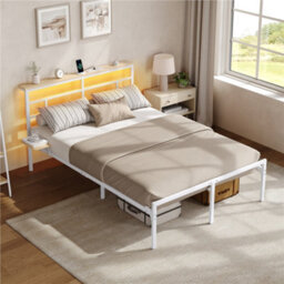 Yaheetech 135 X 190 Cm Double Metal Platform Bed Frame With Led Headboard And Charging Station, White - thumbnail 1