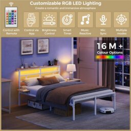 Yaheetech 135 X 190 Cm Double Metal Platform Bed Frame With Led Headboard And Charging Station, White - thumbnail 6