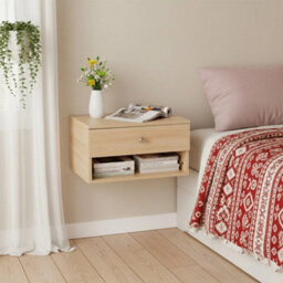Natural Wood Wall Mounted Floating Bedside Table Drawer  Shelf - thumbnail 6