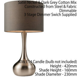 Touch Dimmer Table Lamp Satin Nickel & Grey Shade Modern Metal Bedside Light - thumbnail 2