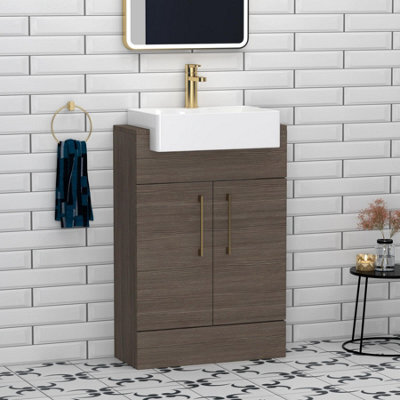 Royal Bathrooms Elena 600mm Grey Elm Floor Standing Bathroom Vanity Unit With 2 Door Brushed Brass Handle & Semi Recessed Basin - image 1