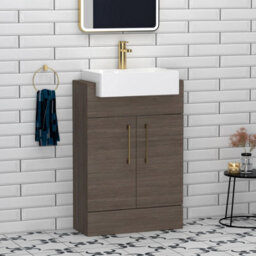 Royal Bathrooms Elena 600mm Grey Elm Floor Standing Bathroom Vanity Unit With 2 Door Brushed Brass Handle & Semi Recessed Basin - thumbnail 1
