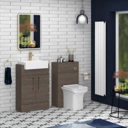 Royal Bathrooms Elena 600mm Grey Elm Floor Standing Bathroom Vanity Unit With 2 Door Brushed Brass Handle & Semi Recessed Basin - thumbnail 4