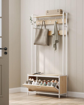 Songmics Hall Tree With Bench Hallway Coat Rack With Shoe Storage Golden Oak And Cloud White - image 1