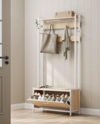 Songmics Hall Tree With Bench Hallway Coat Rack With Shoe Storage Golden Oak And Cloud White - thumbnail 1