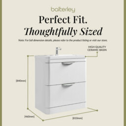 Balterley Aldershawe Modern Bathroom Floor Standing 2 Drawer Vanity Unit Basin, Gloss White, 755mm - thumbnail 5