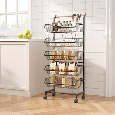 Living And Home Black 5-Tier Rolling Kitchen Trolley Cart With Wooden Handle, 42Cm W X 32Cm D X 105Cm H - image 1