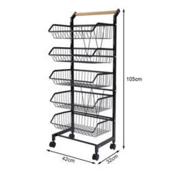 Living And Home Black 5-Tier Rolling Kitchen Trolley Cart With Wooden Handle, 42Cm W X 32Cm D X 105Cm H - thumbnail 7