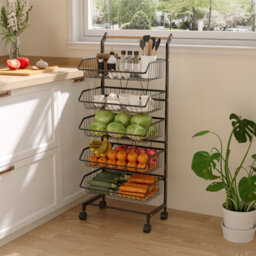 Living And Home Black 5-Tier Rolling Kitchen Trolley Cart With Wooden Handle, 42Cm W X 32Cm D X 105Cm H - thumbnail 2