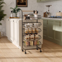 Living And Home Black 5-Tier Rolling Kitchen Trolley Cart With Wooden Handle, 42Cm W X 32Cm D X 105Cm H - thumbnail 3