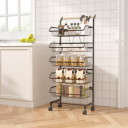 Living And Home Black 5-Tier Rolling Kitchen Trolley Cart With Wooden Handle, 42Cm W X 32Cm D X 105Cm H