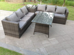 Fimous 6 Seater Grey Rattan Sofa Dining Set 2 Tables Garden Furniture Outdoor - thumbnail 2