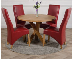 That's Furniture Oregon Round Oak Dining Table And 4 Chairs Dining Set With Lola Burgundy Leather Chairs