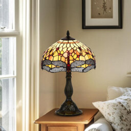 "Belofay Stained Glass Handmade Yellow Dragonfly Tiffany Table Lamp For Living Room, Bedroom, And Lounge 12"" Wide, 18"" Height" - thumbnail 4