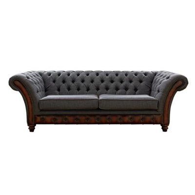 Chesterfield 3 Seater Sofa Antique Rust Leather Marinello Pewter Fabric In Jepson Style - image 1