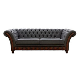 Chesterfield 3 Seater Sofa Antique Rust Leather Marinello Pewter Fabric In Jepson Style - thumbnail 1