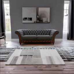 Chesterfield 3 Seater Sofa Antique Rust Leather Marinello Pewter Fabric In Jepson Style - thumbnail 2
