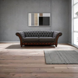 Chesterfield 3 Seater Sofa Antique Rust Leather Marinello Pewter Fabric In Jepson Style - thumbnail 3