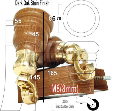 L&F 2X Dark Oak Stain 165mm High Wood Furniture Legs With Brass Cauldron Castor & 2 Curved Back Feet Settee Chairs, Sofas M8 Tsp2007 - image 1