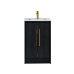Royal Bathrooms Livora 500mm Walnut Woodgrain Floor Standing Vanity Unit 2 Door With Minimalist Basin & Brushed Brass Handle - thumbnail 6