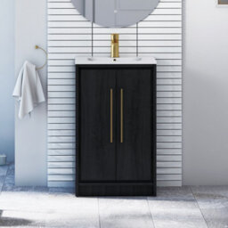 Royal Bathrooms Livora 500mm Walnut Woodgrain Floor Standing Vanity Unit 2 Door With Minimalist Basin & Brushed Brass Handle