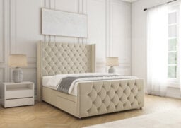 "Bsspoke Divan Bed Set Cream Velvet With 54Inch Wingedback Headboard & 20"" Footboard & Mattress No Drawers 3Ft 4Ft 4Ft6 5Ft 6Ft" - thumbnail 2