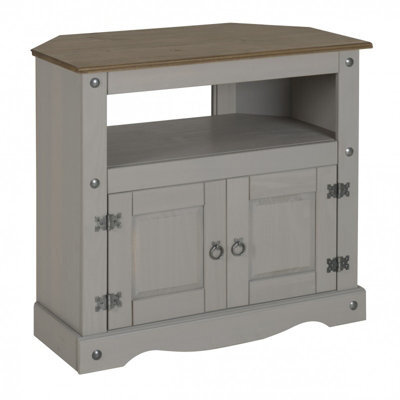 Mercers Furniture Corona Grey Wax Corner Tv Unit 2 Door 1 Shelf Cabinet Stand Solid Wood Mexican Pine Wooden - image 1