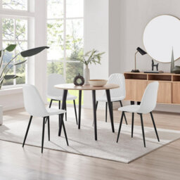 Furniturebox Uk Koko Oak Effect Round Dining Table & 4 White Corona Black Leg Chairs - thumbnail 1