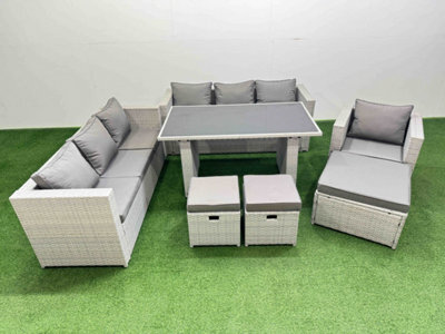 Fimous Patio Garden Furniture Sets With Black Glass Top Dining Table 3 Seater Sofa Armchair 3 Stool Light Grey - image 1