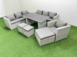Fimous Patio Garden Furniture Sets With Black Glass Top Dining Table 3 Seater Sofa Armchair 3 Stool Light Grey - thumbnail 2