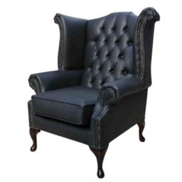 Chesterfield High Back Wing Chair Bonded Black Real Leather In Queen Anne Style - thumbnail 3