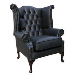 Chesterfield High Back Wing Chair Bonded Black Real Leather In Queen Anne Style - thumbnail 1