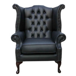 Chesterfield High Back Wing Chair Bonded Black Real Leather In Queen Anne Style - thumbnail 2