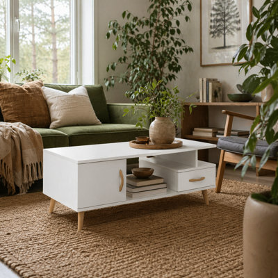 Lusayo Large White Minimalist Coffee Table With Storage Shelf And Drawer - Wyld Haus - image 1
