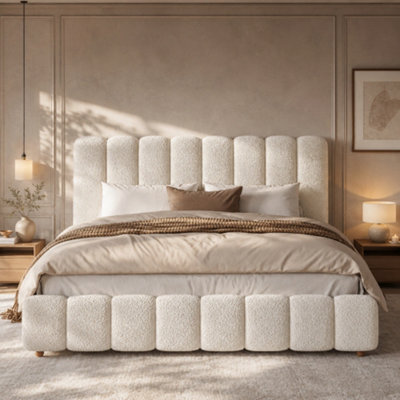 Matteo Super King Hydraulic Storage Bed Frame With Bouclé Upholstered Headboard - White - image 1