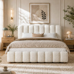 Matteo Super King Hydraulic Storage Bed Frame With Bouclé Upholstered Headboard - White - thumbnail 3