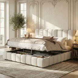 Matteo Super King Hydraulic Storage Bed Frame With Bouclé Upholstered Headboard - White - thumbnail 6
