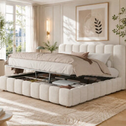 Matteo Super King Hydraulic Storage Bed Frame With Bouclé Upholstered Headboard - White - thumbnail 4